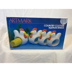 Artmark Country Clucker Napkin Rings Set of 4 Vintage Ceramic Rooster Farmhouse